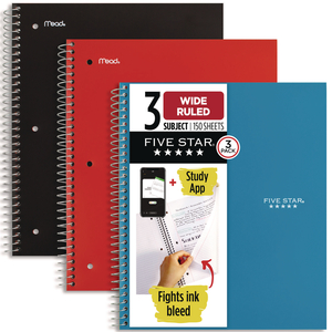 WIREBOUND NOTEBOOK, 3-SUBJECT, WIDE/LEGAL RULE, ASSORTED COVER COLOR, (150) 10.5 X 8.63 SHEETS, 3/PACK by Five Star