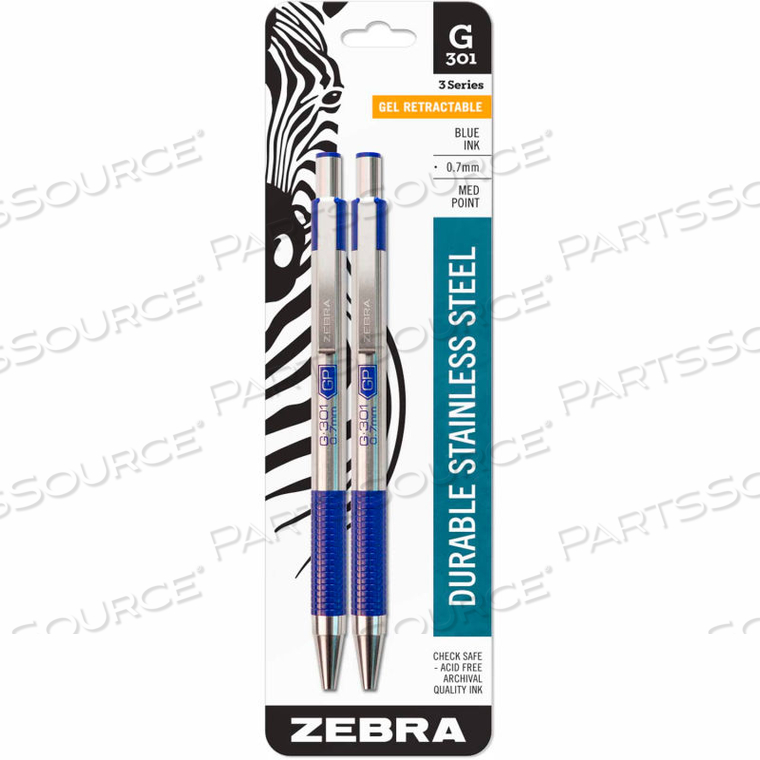 RETRACTABLE GEL PEN G-301 - BLUE INK - STAINLESS STEEL BARREL - 2 PACK 