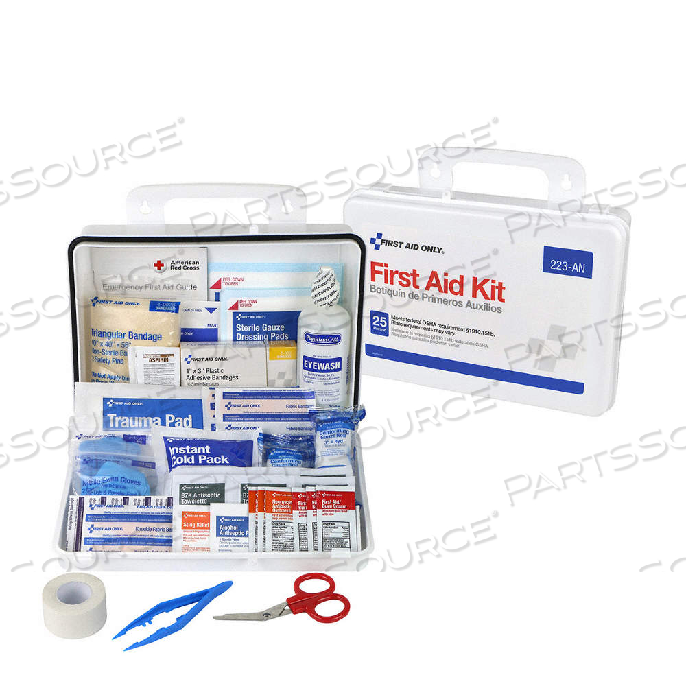 FIRST AID KIT AND HOUSING, INDUSTRIAL, 25 PEOPLE SERVED, 109 COMPONENTS, PLASTIC by Approved Vendor