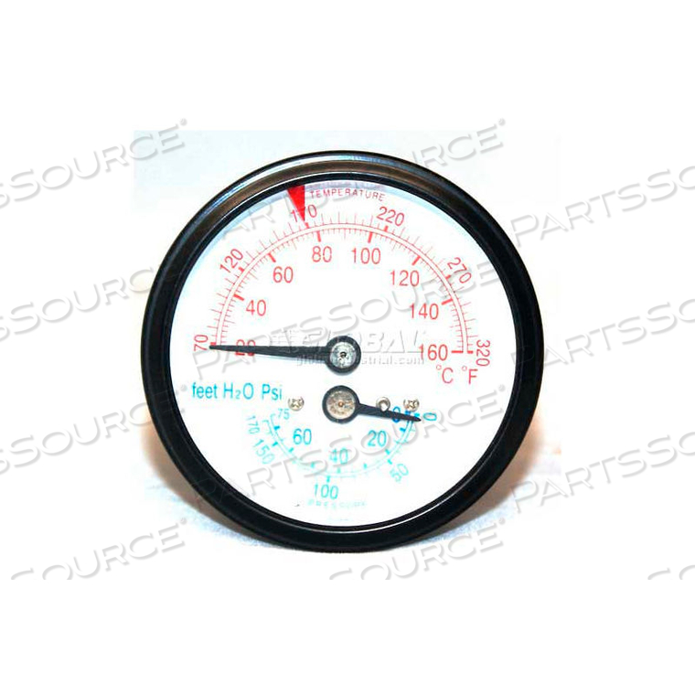 BOILER GAUGE, 3-1/4"DIA. X 3"L, 1/2"NPT, CENTER BACK CONNECTION 
