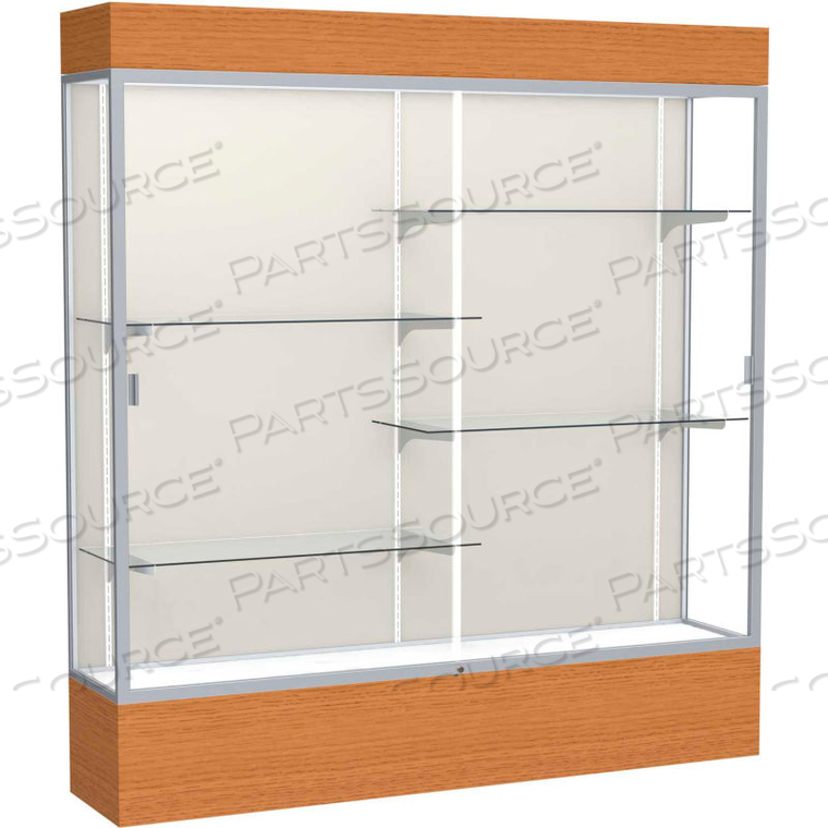 RELIANT LIGHTED DISPLAY CASE 72"W X 80"H X 16"D CARMEL OAK BASE PLAQUE BACK SATIN NATURAL FRAME 