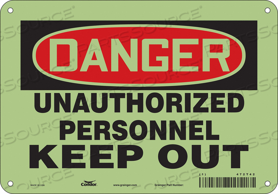 SAFETY SIGN, VERTICAL RECTANGLE, NUMBER OF PRINTED SIDES 1, ENGLISH, SIGN FORMAT TRADITIONAL OSHA, SIGN LEGEND UNAUTHORIZED PERSONNEL KEEP O by Condor