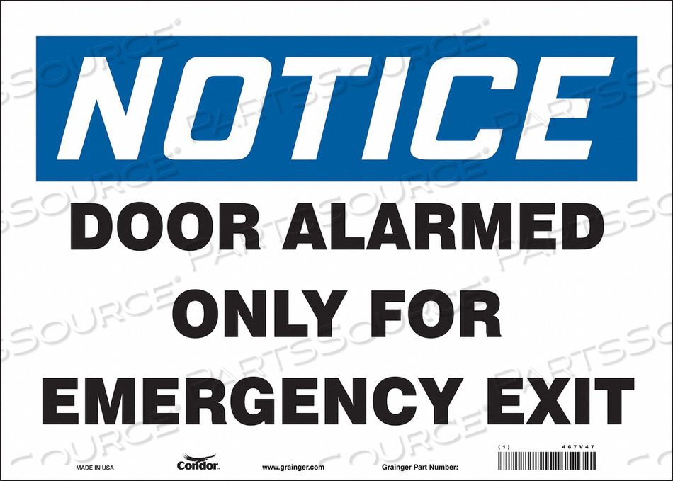 SAFETY SIGN EMERGENCY EXIT, HORIZONTAL RECTANGLE, NUMBER OF PRINTED SIDES 1, ENGLISH, SIGN FORMAT TRADITIONAL OSHA, SIGN LEGEND DOOR ALARMED by Condor