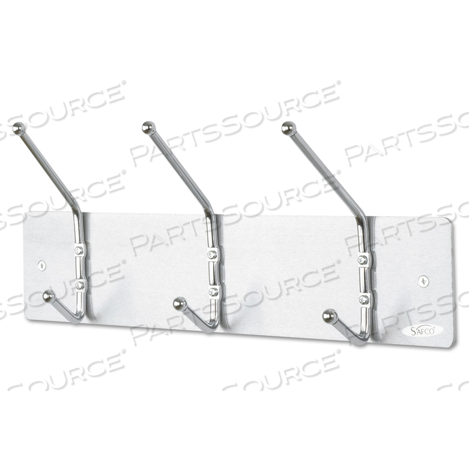METAL WALL RACK, THREE BALL-TIPPED DOUBLE-HOOKS, METAL, 18W X 3.75D X 7H, SATIN 