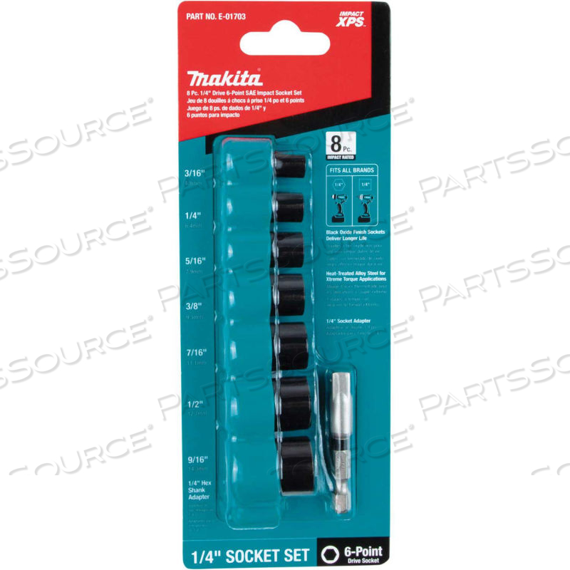 IMPACT XPS IMPACT SOCKET SET W/ STD SOCKET ADAPTER, 8 PC, 1/4" DRIVE, 6PT, SAE by Makita IMPACT XPS IMPACT SOCKET SET W/ STD SOCKET ADAPTER, 8 PC, 1/4" DRIVE, 6PT, SAE by Makita