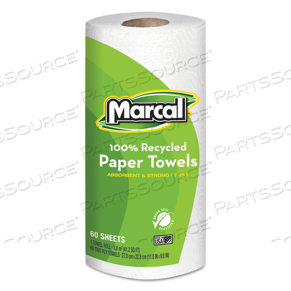 100% PREMIUM RECYCLED KITCHEN ROLL TOWELS, 2-PLY, 11 X 9, WHITE, 60 SHEETS by Marcal 100% PREMIUM RECYCLED KITCHEN ROLL TOWELS, 2-PLY, 11 X 9, WHITE, 60 SHEETS by Marcal