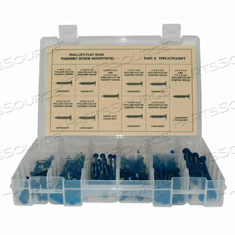 160 PIECE MASONRY SCREW ASSORTMENT - #10 (3/16) TO 1/4" - PHILLIPS FLAT HEAD - BLUE by Titan Fasteners