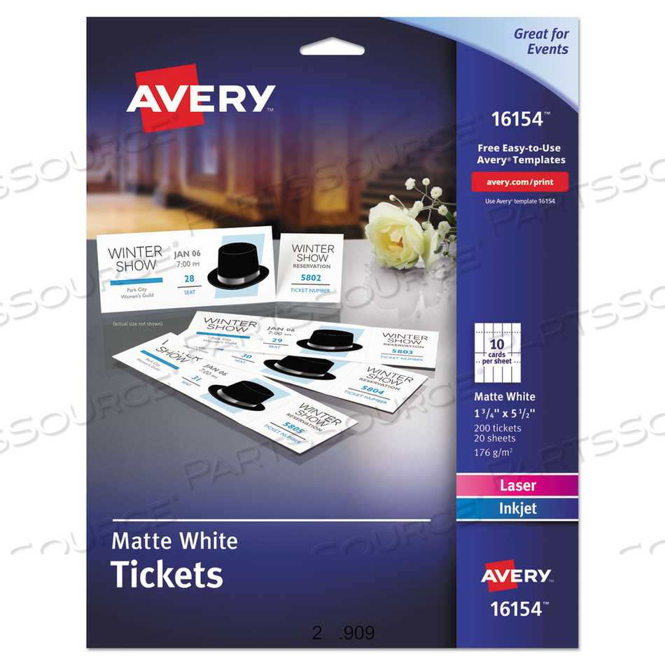 PRINTABLE TICKETS W/TEAR-AWAY STUBS, 97 BRIGHT, 65 LB COVER WEIGHT, 8.5 X 11, WHITE, 10 TICKETS/SHEET/PACK by Avery