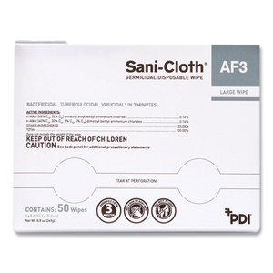 SANI-CLOTH AF3 GERMICIDAL DISPOSABLE WIPES, LARGE, 1-PLY, 8" X 5", UNSCENTED, WHITE, 50/PACK, 10 PACKS/CARTON by Sani Professional