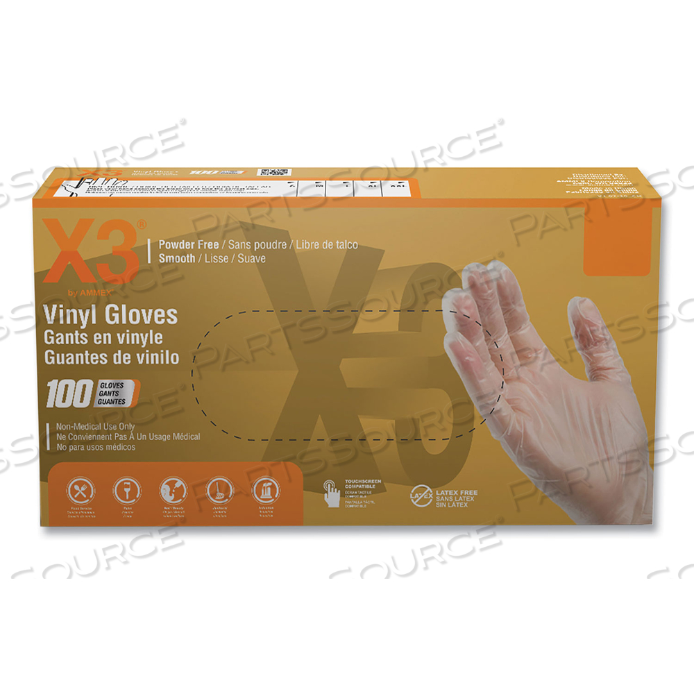 INDUSTRIAL VINYL GLOVES, POWDER-FREE, 3 MIL, X-LARGE, CLEAR, 100/BOX, 10 BOXES/CARTON 