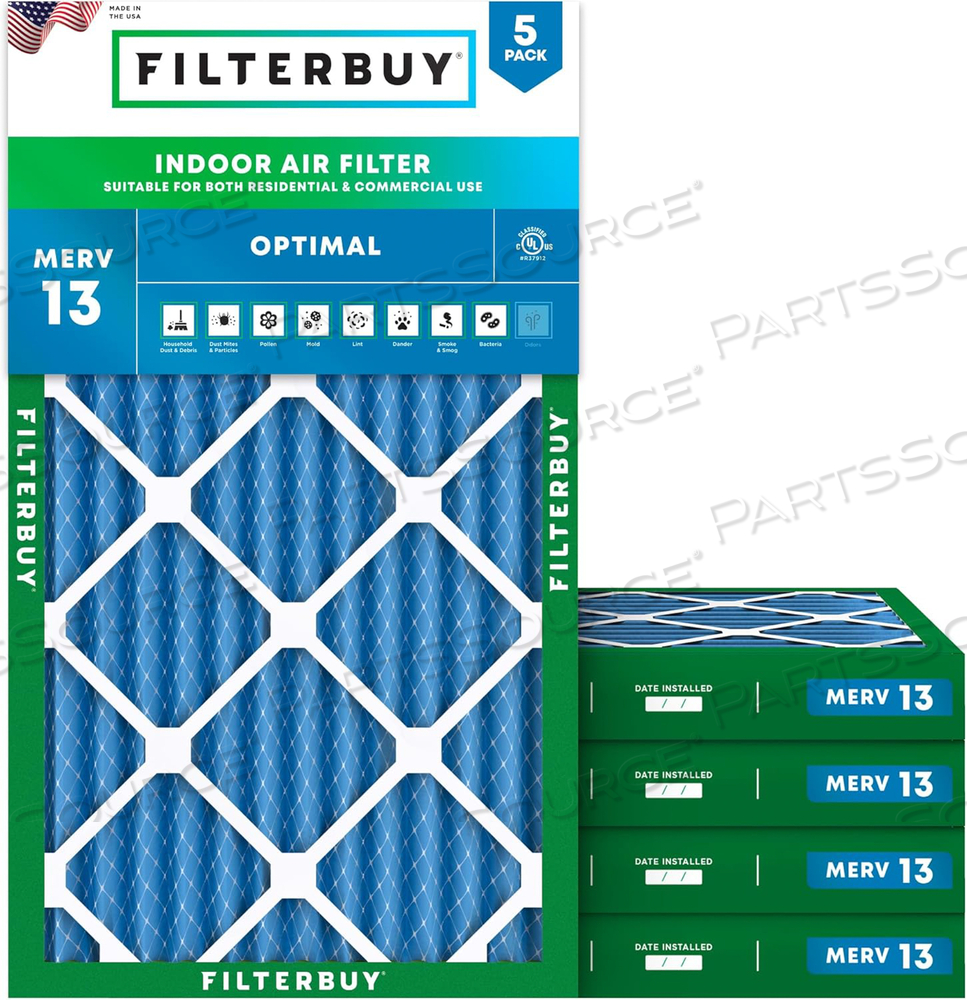 FILTERBUY 16X25X2 AIR FILTER MERV 13 OPTIMAL DEFENSE (5-PACK), PLEATED HVAC AC FURNACE AIR FILTERS REPLACEMENT (ACTUAL SIZE: 15.50 X 24.50 X 1.75 INCHES) 