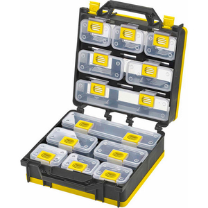 SHOPSOL BIN COMPARTMENT CASE - 2 SIDED, 12 LOCKING BINS, 26"L X 12"W X 3"H - BLACK/YELLOW by LDS Industries LLC