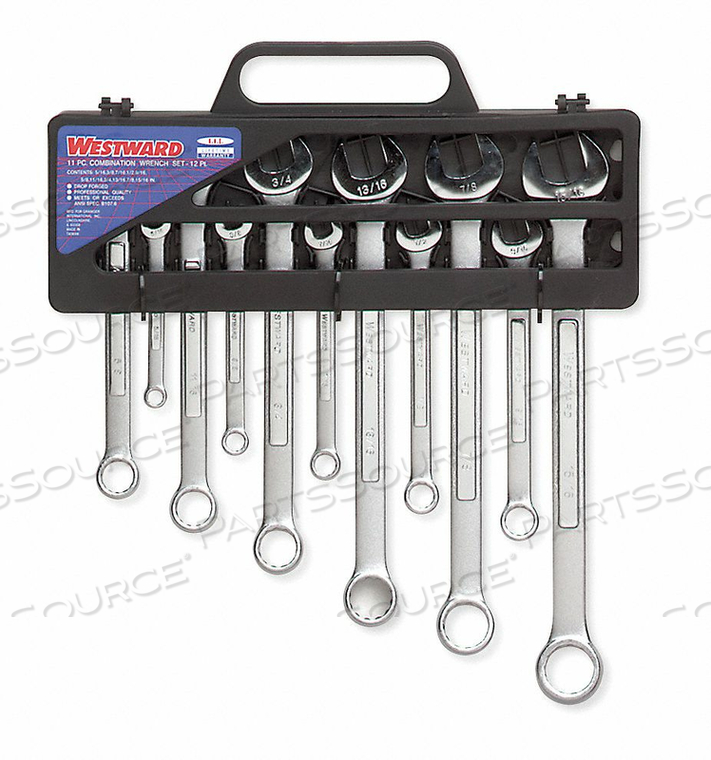 COMBINATION WRENCH SET, ALLOY STEEL, CHROME, NUMBER OF TOOLS 11, RANGE OF HEAD SIZES 5/16 IN TO 15/16 IN, HEAD OFFSET ANGLE 15 DEGREES , OFF by Westward COMBINATION WRENCH SET, ALLOY STEEL, CHROME, NUMBER OF TOOLS 11, RANGE OF HEAD SIZES 5/16 IN TO 15/16 IN, HEAD OFFSET ANGLE 15 DEGREES , OFF by Westward