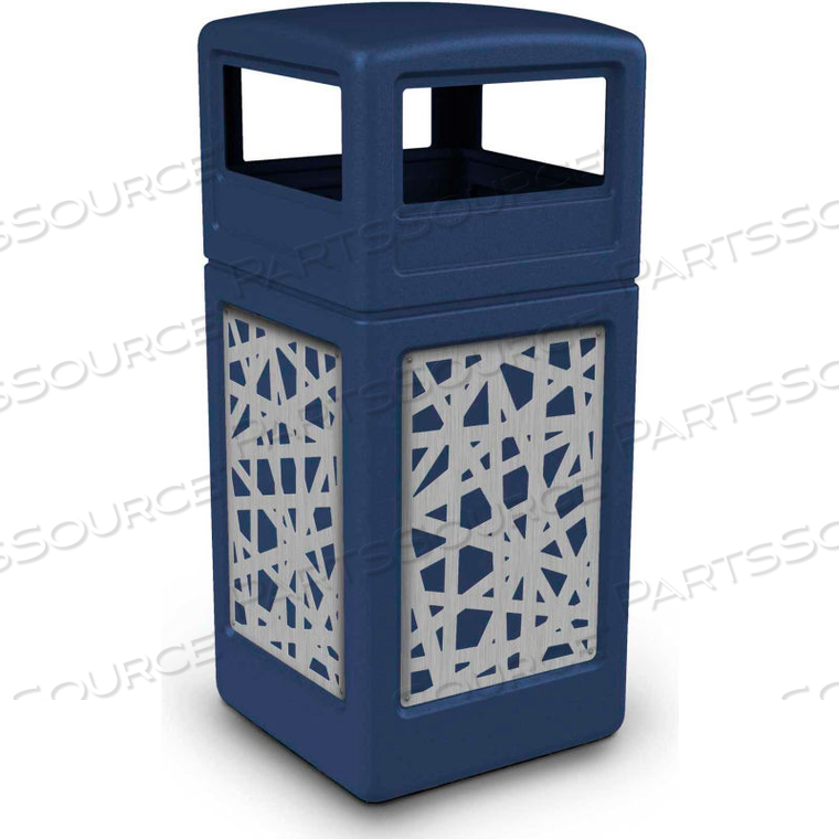 42 GALLON DOME-LID SQUARE WASTE CONTAINER, DARK BLUE W/STAINLESS STEEL INTERMINGLE PANELS 