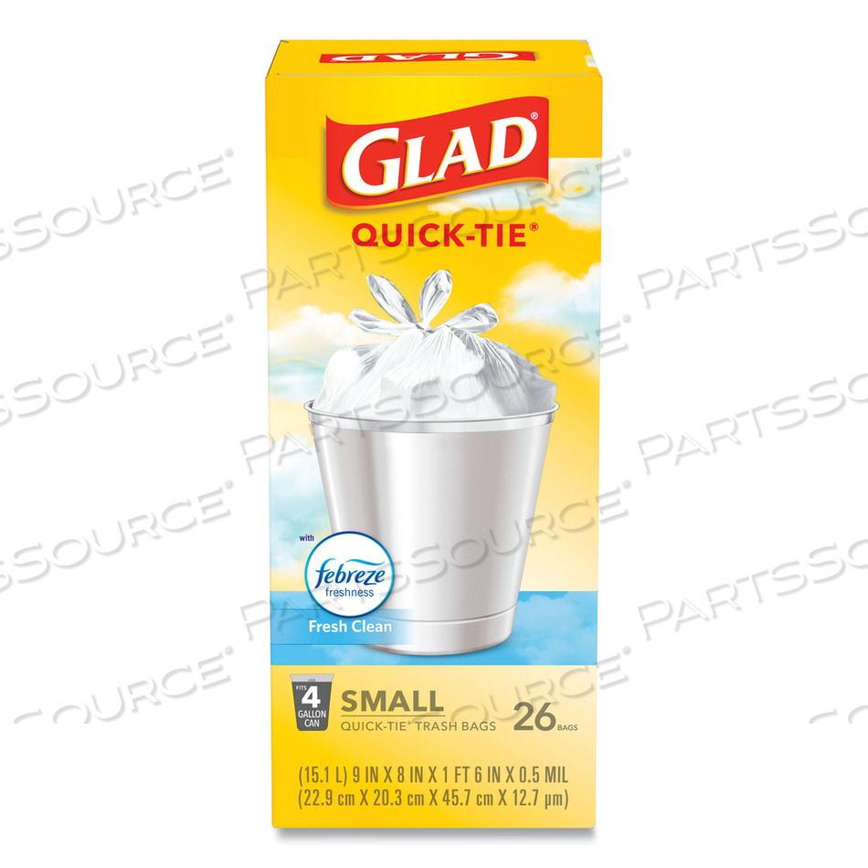 ODORSHIELD QUICK-TIE SMALL TRASH BAGS, 4 GAL, 0.5 MIL, 8" X 18", WHITE, 26 BAGS/BOX by Glad ODORSHIELD QUICK-TIE SMALL TRASH BAGS, 4 GAL, 0.5 MIL, 8" X 18", WHITE, 26 BAGS/BOX by Glad