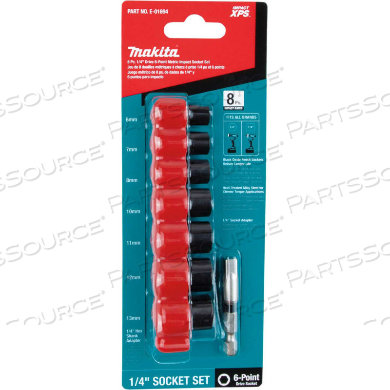 IMPACT XPS IMPACT SOCKET SET W/ STD SOCKET ADAPTER, 8 PC, 1/4" DRIVE, 6PT, METRIC by Makita