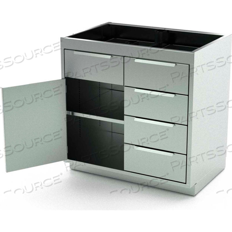 STAINLESS STEEL BASE CABINET, 1 HINGED DOOR, 1 SHELF, 5 DRAWERS, 42"W X 21"D X 36"H 