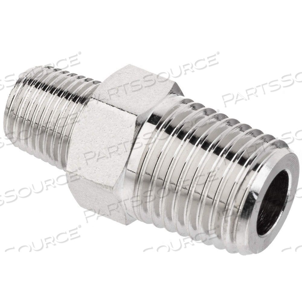 REDUCING HEX NIPPLE, NICKEL-PLATED BRASS, 1/4 IN X 1/8 IN FITTING PIPE SIZE, MALE NPTF X MALE NPTF by Approved Vendor