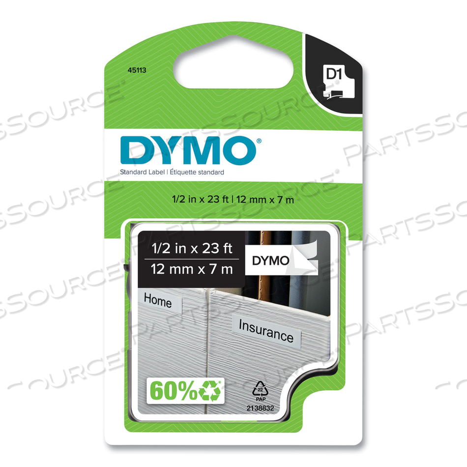 D1 HIGH-PERFORMANCE POLYESTER REMOVABLE LABEL TAPE, 0.5" X 23 FT, BLACK ON WHITE by Dymo