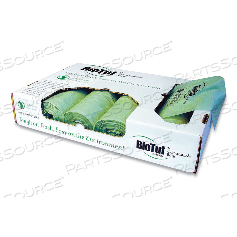 BIOTUF COMPOSTABLE CAN LINERS, 60 TO 64 GAL, 1 MIL, 47" X 60", GREEN, 20 BAGS/ROLL, 5 ROLLS/CARTON 