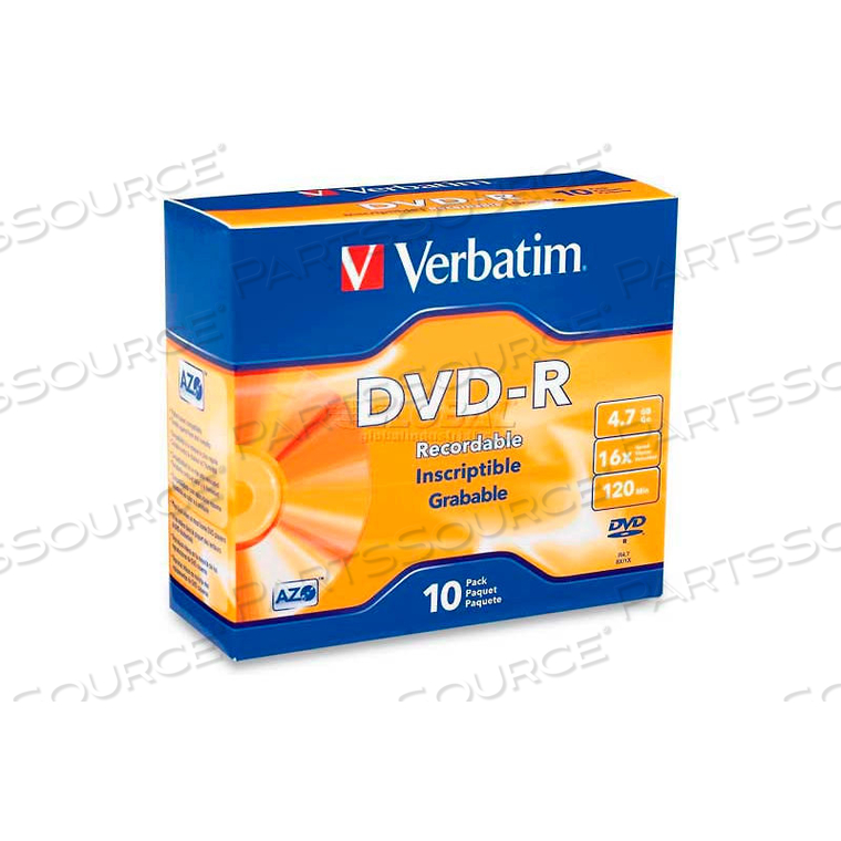 DVD-R, 16X SPEED, 4.7GB, BRANDED, 2 HOURS RECORDING, 10/PK 