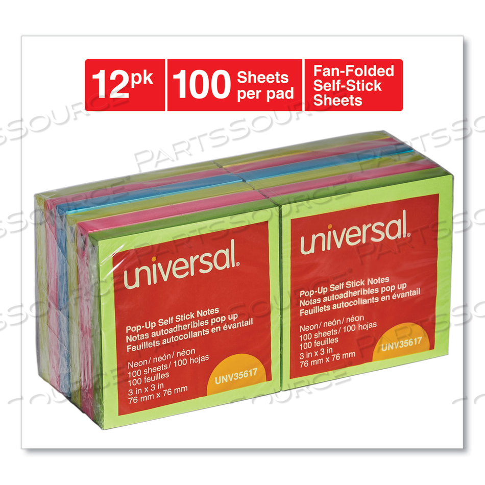 FAN-FOLDED SELF-STICK POP-UP NOTE PADS, 3" X 3", ASSORTED NEON COLORS/PAD by Universal