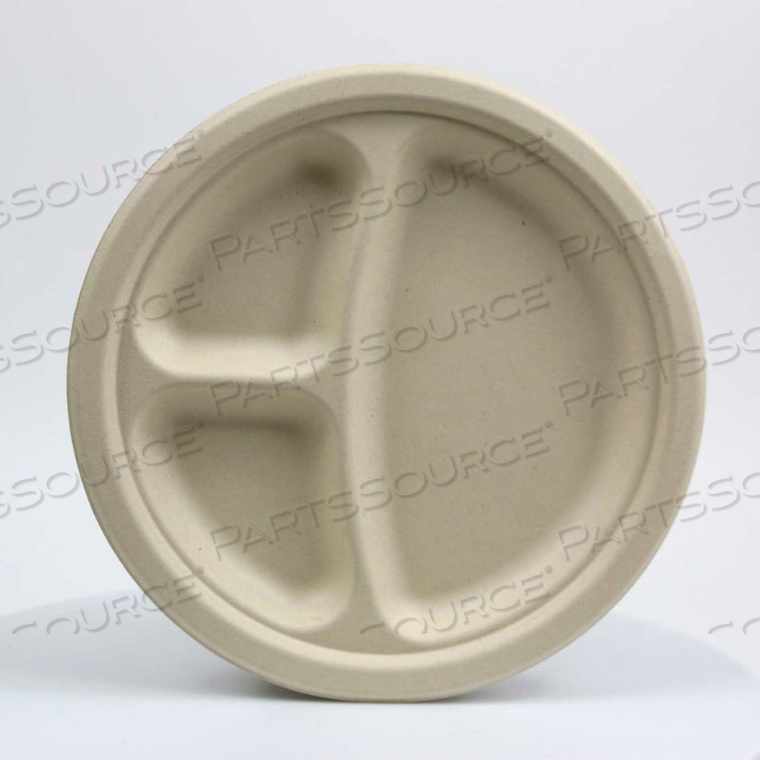 ECO-FRIENDLY 3 COMPARTMENT ROUND PLATES, 9", WHEAT STALK FIBER, 500 PCS. 