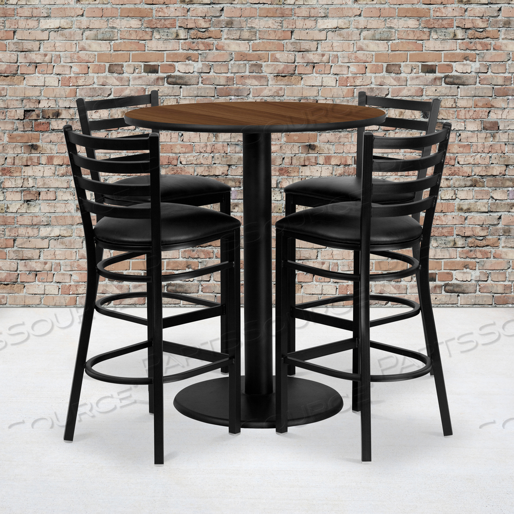 CLARK 36'' ROUND WALNUT LAMINATE TABLE SET WITH 4 LADDER BACK METAL BARSTOOLS - BLACK VINYL SEAT by Flash Furniture