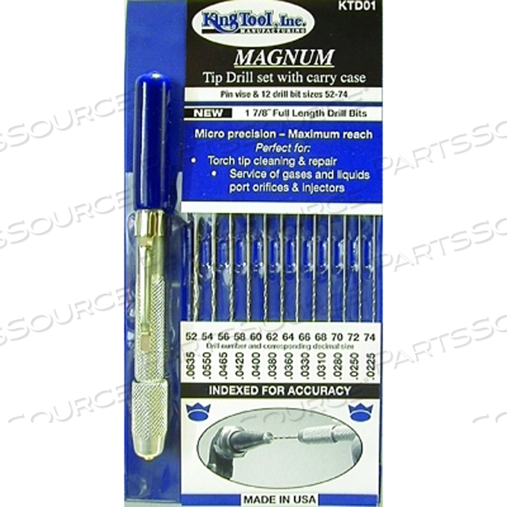 MAGNUM TIP DRILL SET, SIZE 52 TO 74, INCLUDES 12 EVEN NUMBER DRILLS/INDEXED CARRY CASE/PIN VISE WITH POCKET CLIP by King Tool MAGNUM TIP DRILL SET, SIZE 52 TO 74, INCLUDES 12 EVEN NUMBER DRILLS/INDEXED CARRY CASE/PIN VISE WITH POCKET CLIP by King Tool