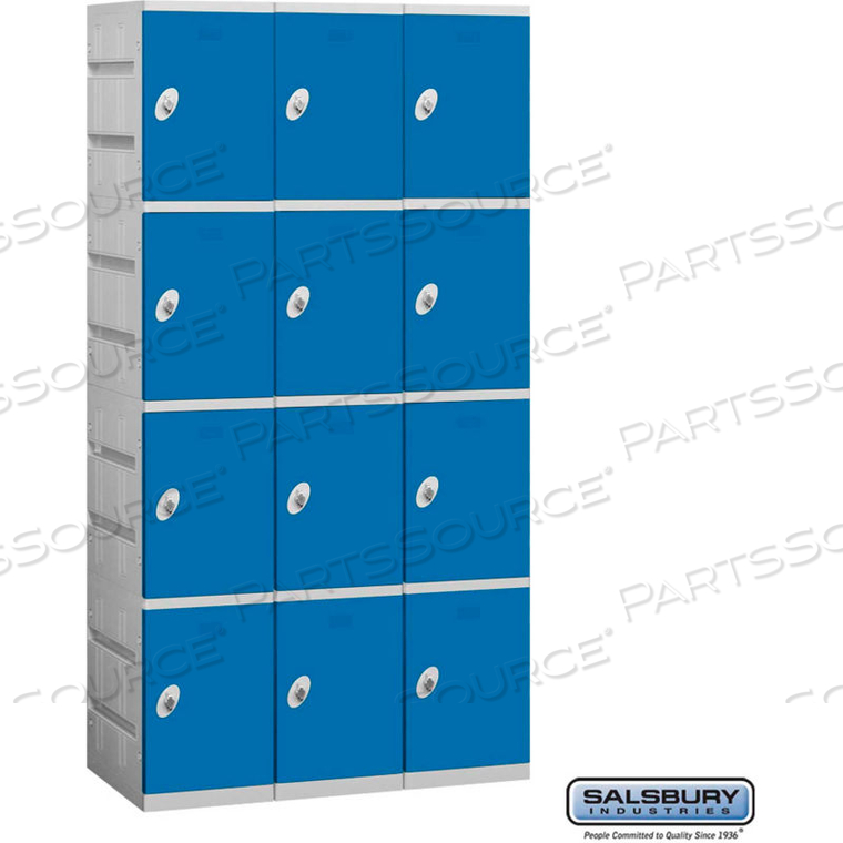 FOUR TIER 12 DOOR PLASTIC LOCKER, 12-3/4"WX18"DX18-1/4"H, BLUE, UNASSEMBLED by Salsbury Industries FOUR TIER 12 DOOR PLASTIC LOCKER, 12-3/4"WX18"DX18-1/4"H, BLUE, UNASSEMBLED by Salsbury Industries