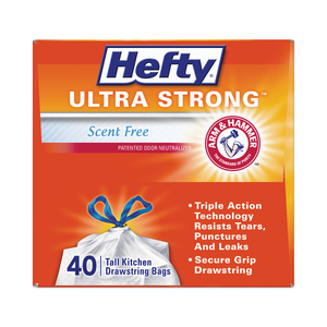 ULTRA STRONG TALL KITCHEN AND TRASH BAGS, 13 GAL, 0.9 MIL, 23.75" X 24.88", WHITE, 40 BAGS/BOX, 6 BOXES/CARTON by Hefty