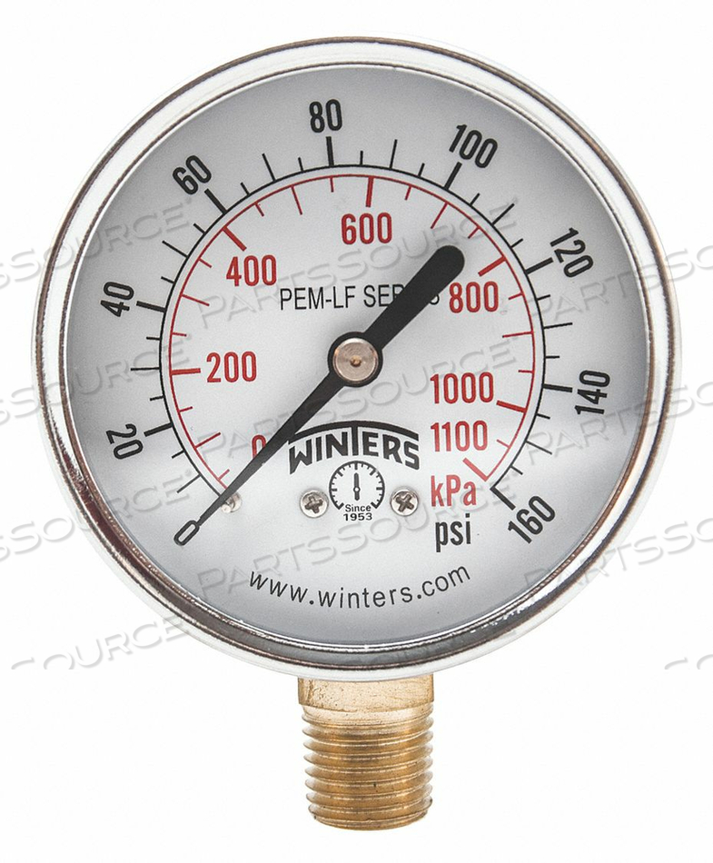 GAUGE,PRESSURE,2-1/2 IN.,0 TO 160 PSI,CONNECTION SIZE 1/4 IN. NPT,CONNECTION LOCATION BOTTOM,ACCURACY +/-3-2-3 PERCENT,CASE MATERIAL STEEL,C by Winters Instruments