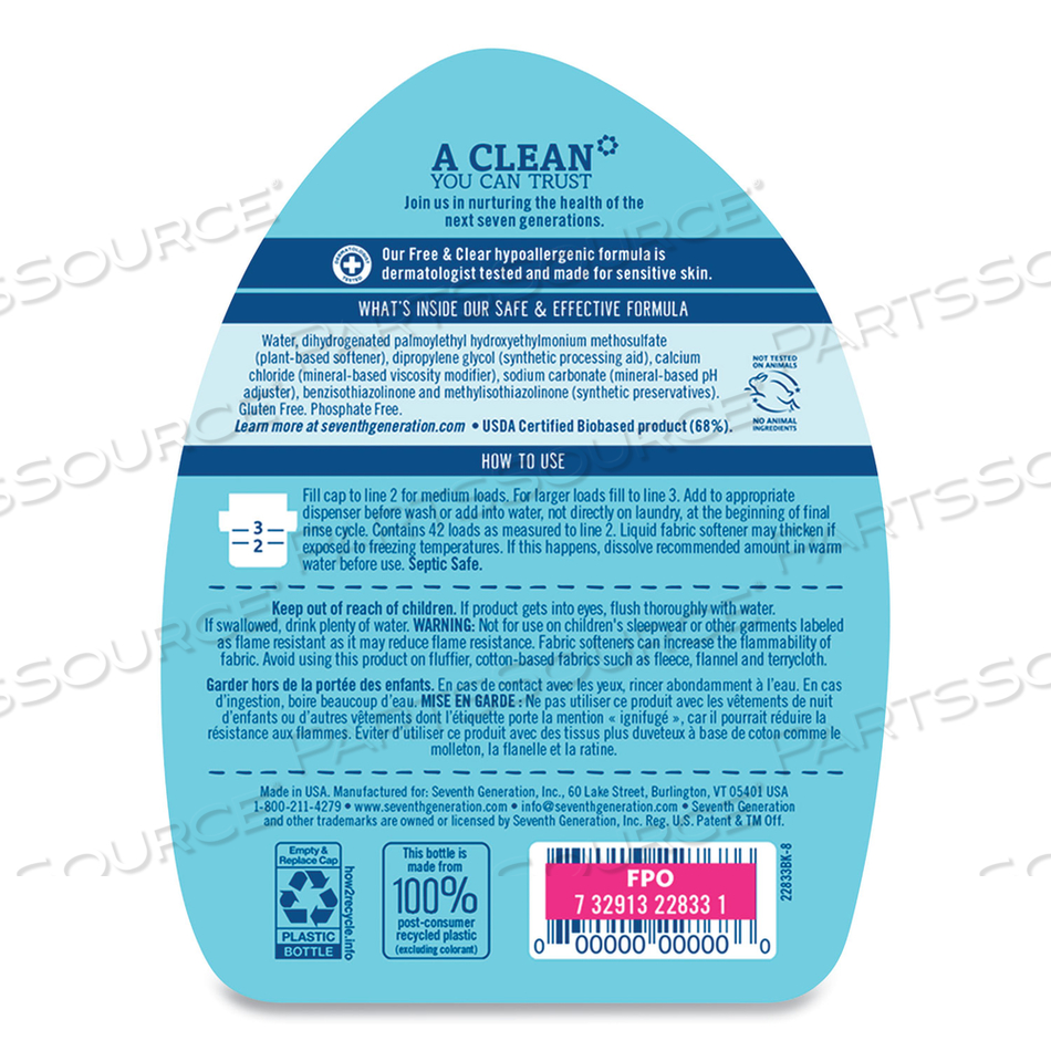 NATURAL LIQUID FABRIC SOFTENER, FREE AND CLEAR, 42 LOADS, 32 OZ BOTTLE by Seventh Generation NATURAL LIQUID FABRIC SOFTENER, FREE AND CLEAR, 42 LOADS, 32 OZ BOTTLE by Seventh Generation