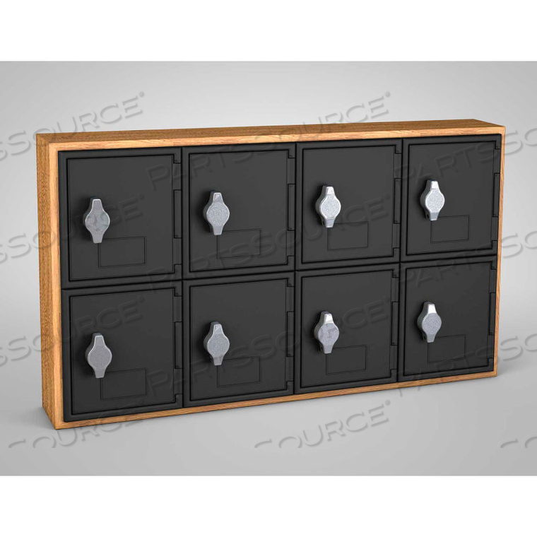 8 DOOR CELL PHONE LOCKER W/HASP LOCK, 24"WX4"DX13-1/2"H, LT OAK/BLK,ASSEMBLED by United Visual Products 8 DOOR CELL PHONE LOCKER W/HASP LOCK, 24"WX4"DX13-1/2"H, LT OAK/BLK,ASSEMBLED by United Visual Products