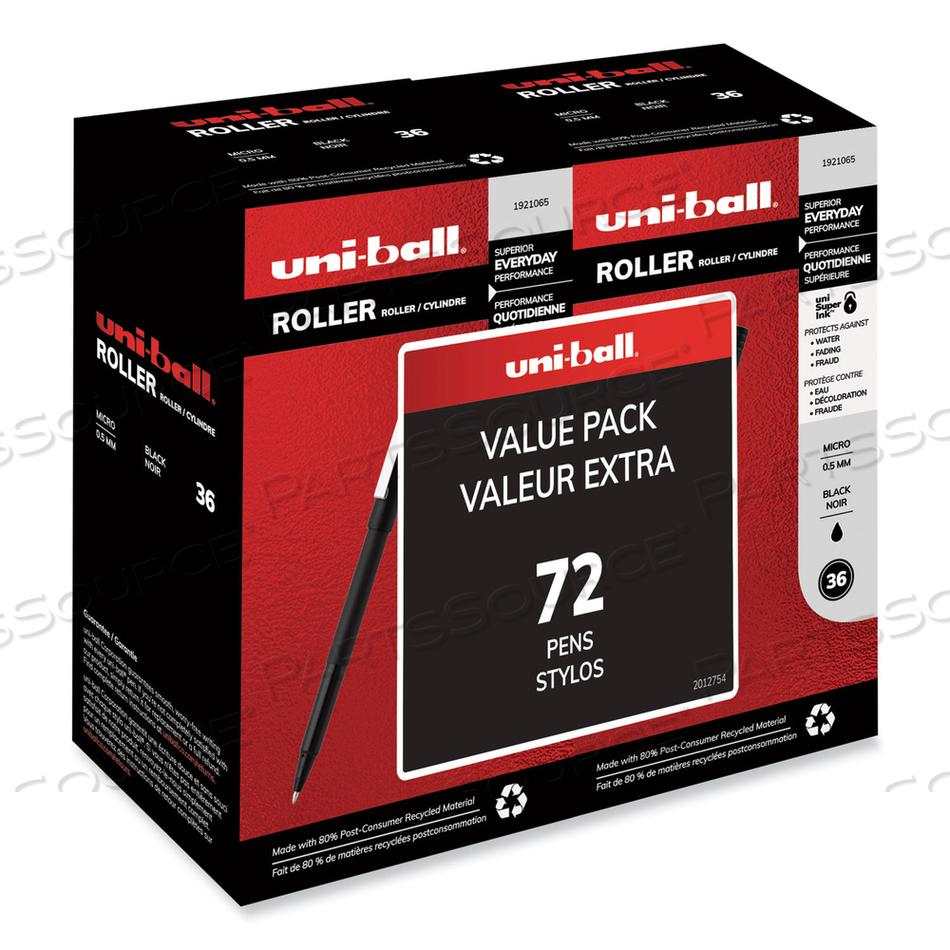 ROLLER BALL PEN, STICK, MICRO 0.5 MM, BLACK INK, BLACK BARREL by Uni-Ball
