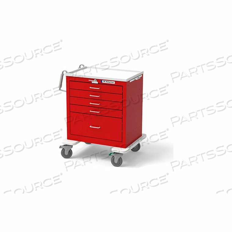 5-DRAWER STEEL SHORT EMERGENCY CART, LEVER LOCK, RED by Waterloo Healthcare