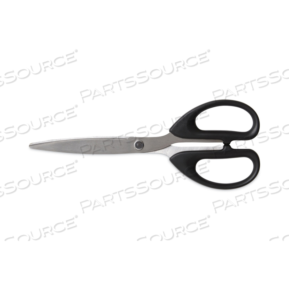 AMBIDEXTROUS STAINLESS STEEL SCISSORS, 7" LONG, 3.23" CUT LENGTH, BLACK STRAIGHT SYMMETRICAL HANDLE 