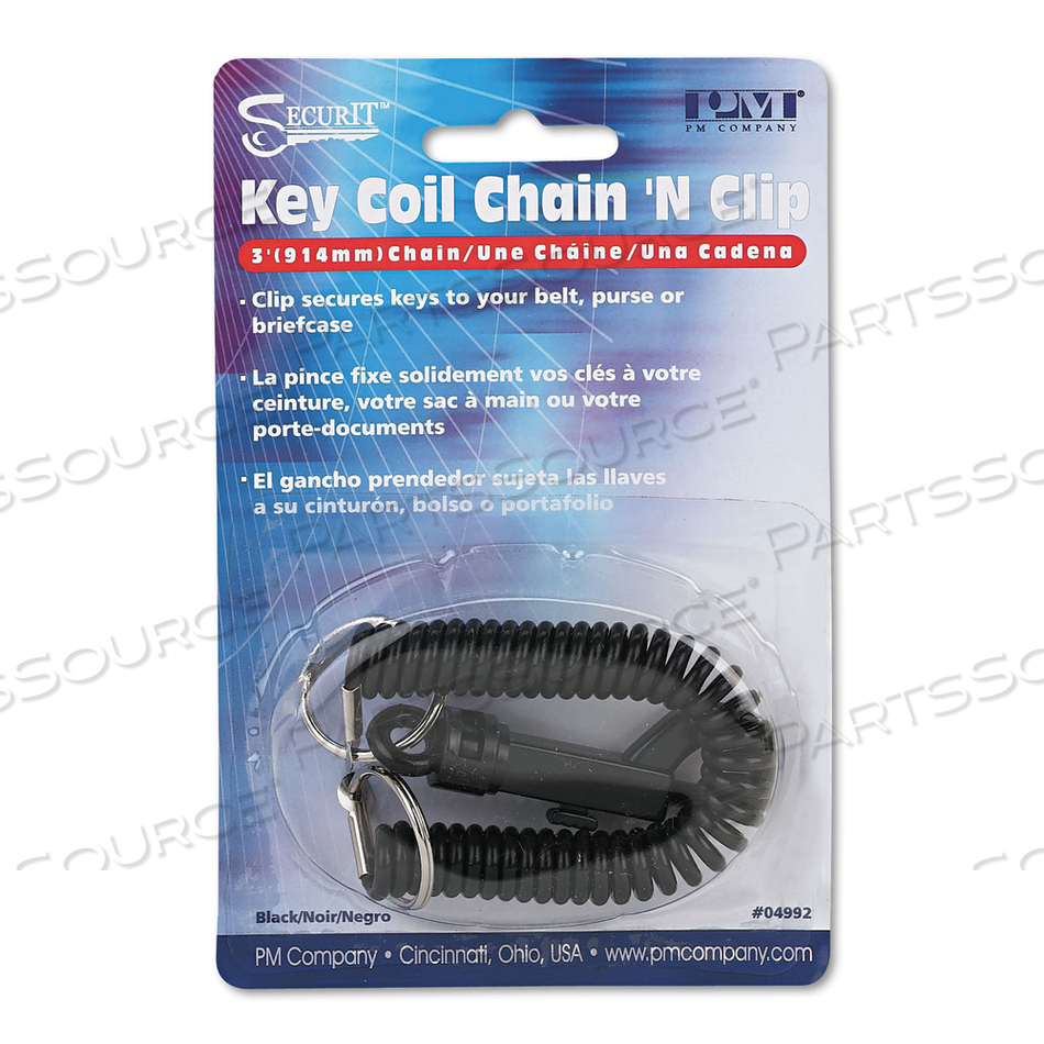 KEY COIL CHAIN 'N CLIP WEARABLE KEY ORGANIZER, FLEXIBLE COIL, BLACK 