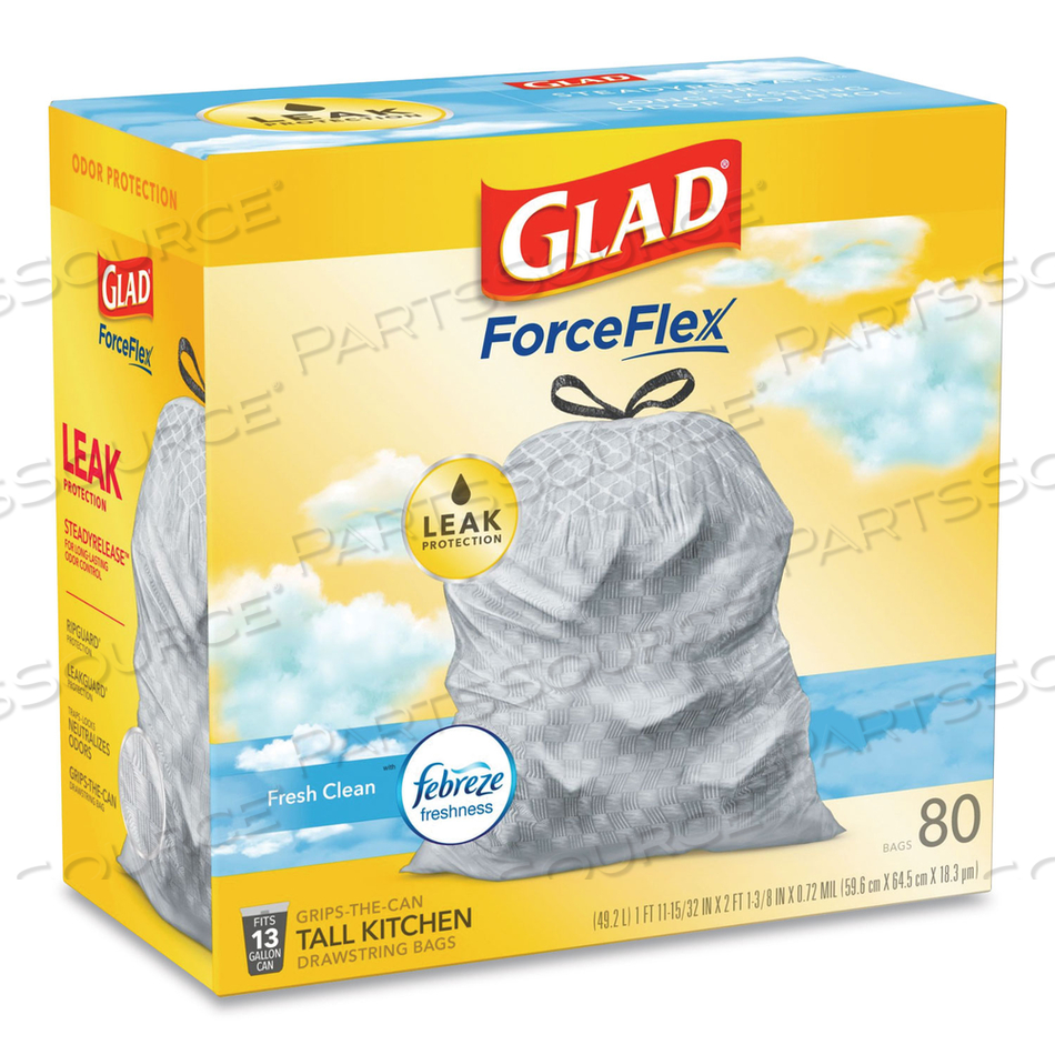 ODORSHIELD TALL KITCHEN DRAWSTRING BAGS, 13 GAL, 0.72 MIL, 24" X 27.38", WHITE, 80 BAGS/BOX by Glad ODORSHIELD TALL KITCHEN DRAWSTRING BAGS, 13 GAL, 0.72 MIL, 24" X 27.38", WHITE, 80 BAGS/BOX by Glad