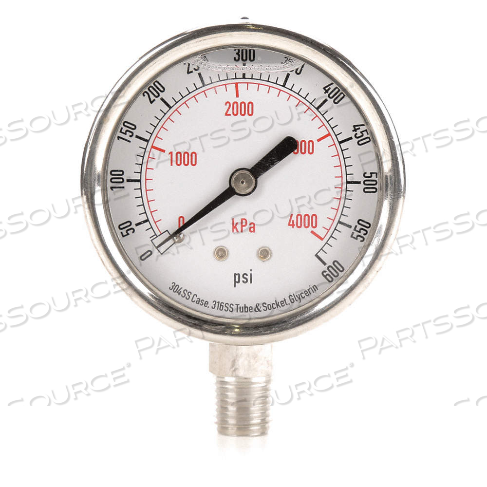 COMMERCIAL PRESSURE GAUGE, 0 TO 600 PSI, 2 1/2 IN DIAL, 1/4 IN NPT MALE, BOTTOM by Approved Vendor COMMERCIAL PRESSURE GAUGE, 0 TO 600 PSI, 2 1/2 IN DIAL, 1/4 IN NPT MALE, BOTTOM by Approved Vendor