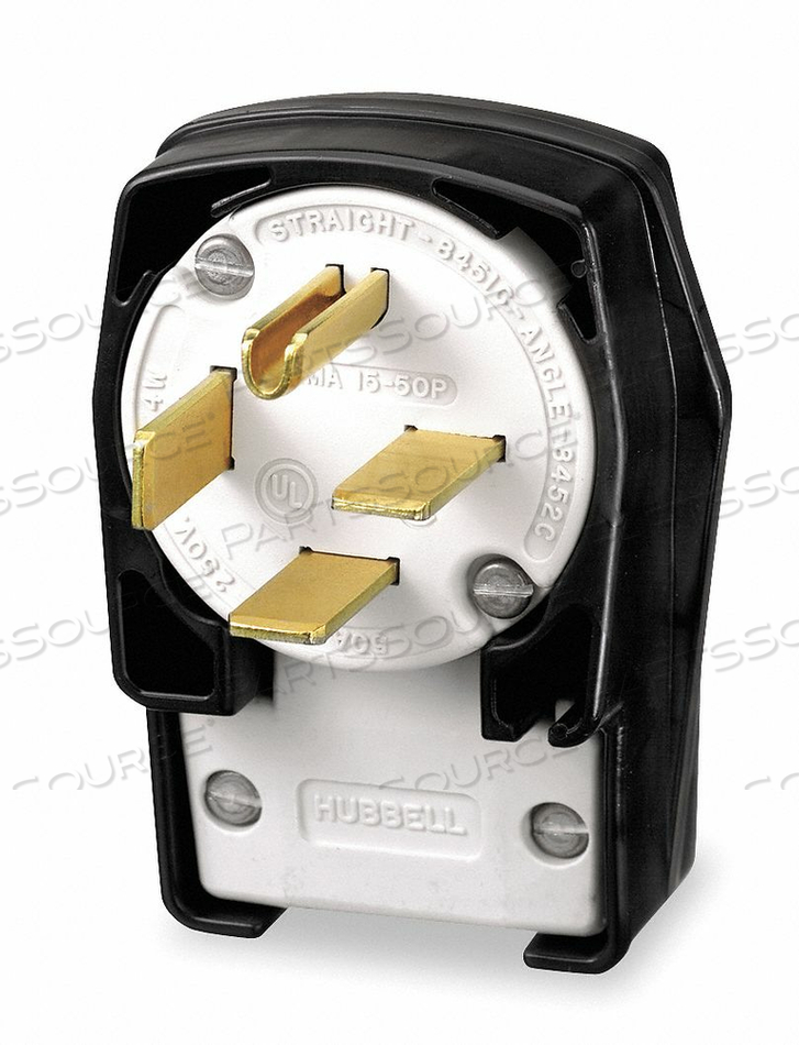 ANGLE STRAIGHT BLADE PLUG, CONNECTION ORIENTATION ANGLED, CURRENT RATING 50 A, GROUNDING GROUNDED, HORSEPOWER RATING 7 1/2 HP, HOUSING COLOR by Hubbell Incorporated, Wiring Device-Kellums ANGLE STRAIGHT BLADE PLUG, CONNECTION ORIENTATION ANGLED, CURRENT RATING 50 A, GROUNDING GROUNDED, HORSEPOWER RATING 7 1/2 HP, HOUSING COLOR by Hubbell Incorporated, Wiring Device-Kellums