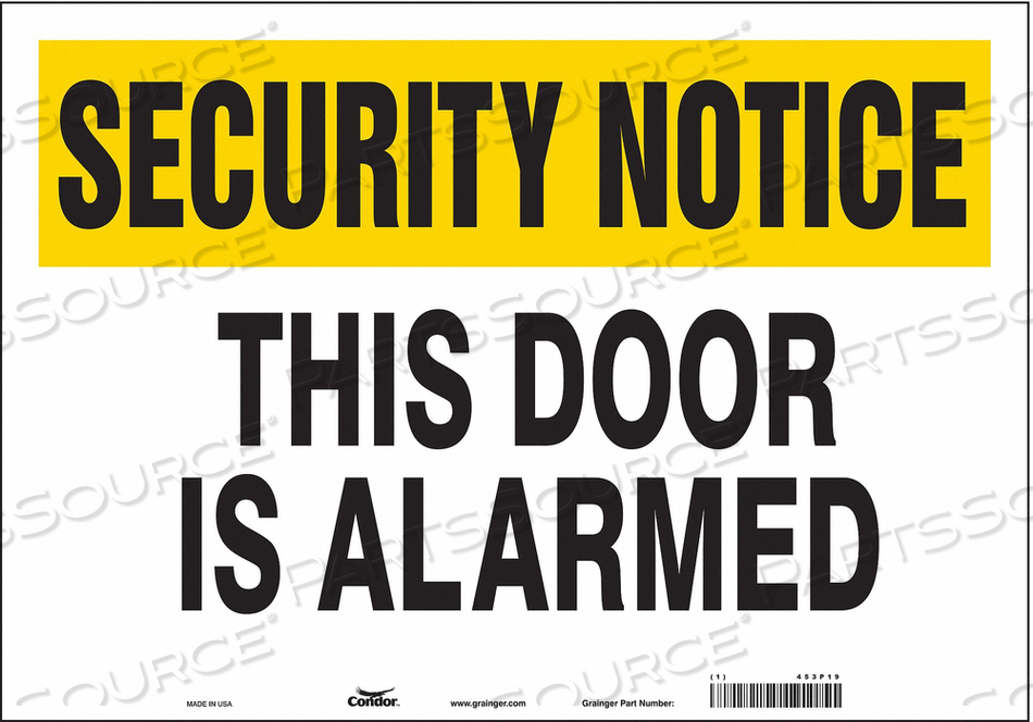 SECURITY SIGN, HORIZONTAL RECTANGLE, NUMBER OF PRINTED SIDES 1, ENGLISH, SIGN LEGEND THIS DOOR IS ALARMED, SIGN LEGEND BACKGROUND COLOR WHIT by Condor SECURITY SIGN, HORIZONTAL RECTANGLE, NUMBER OF PRINTED SIDES 1, ENGLISH, SIGN LEGEND THIS DOOR IS ALARMED, SIGN LEGEND BACKGROUND COLOR WHIT by Condor