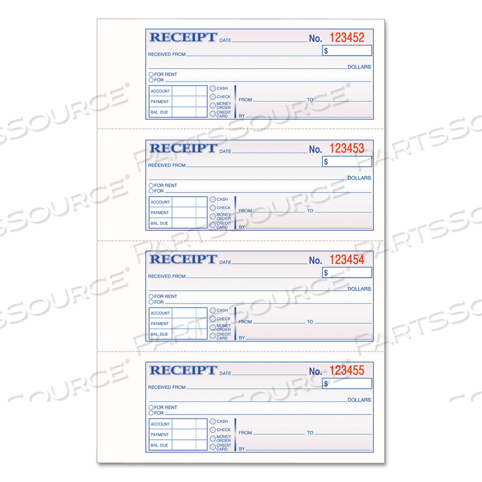 TOPS 3-PART HARDBOUND RECEIPT BOOK, THREE-PART CARBONLESS, 7 X 2.75, 4 FORMS/SHEET, 200 FORMS TOTAL by Adams