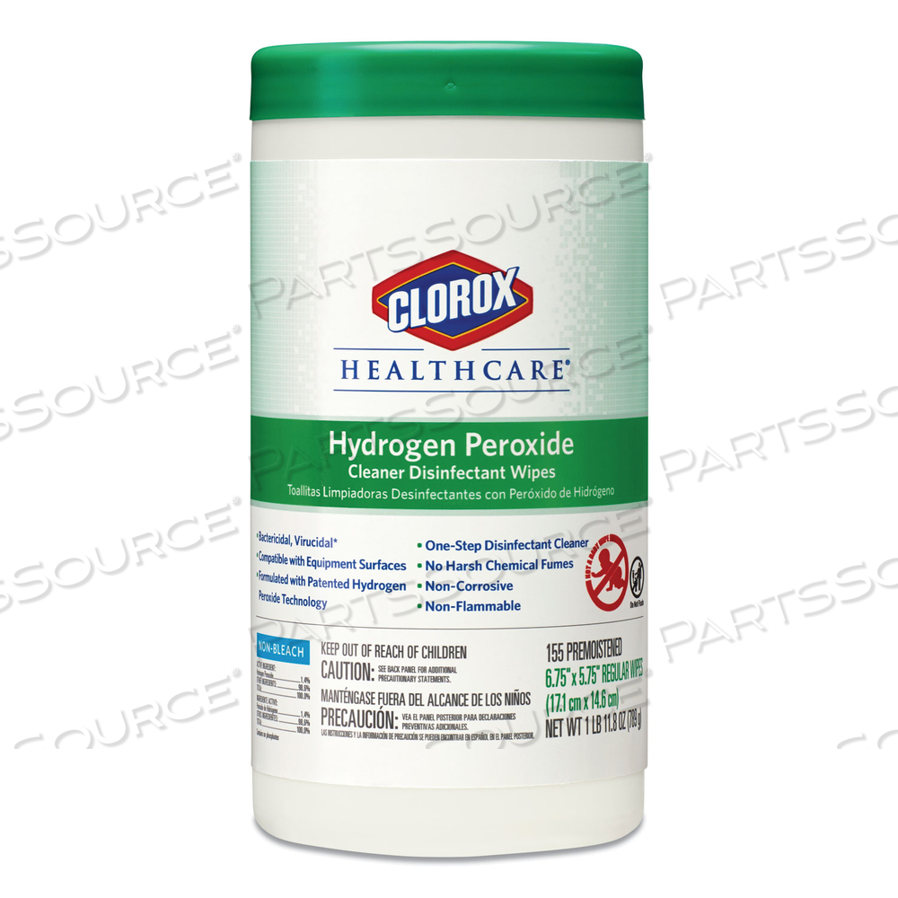 HYDROGEN PEROXIDE CLEANER DISINFECTANT WIPES, 5.75 X 6.75, UNSCENTED, WHITE, 155/CANISTER by Clorox