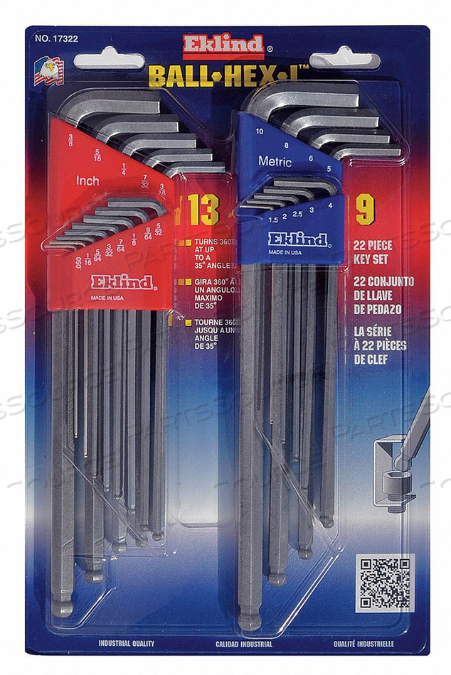 HEX KEY SET, TIP SIZE .050 IN, 1.5 MM, 1/16 IN, 1/4 IN, 1/8 IN, 10 MM, 2 MM, 2.5 MM, 3 MM, 3/16 IN, 3/32 IN, 3/8 IN, 4 MM, 5 MM, 5/16 IN, 5/ by Eklind Tool Company