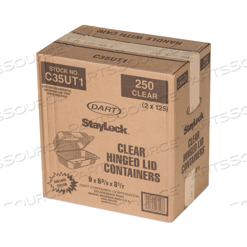 STAYLOCK CLEAR HINGED LID CONTAINERS, 5.4 X 9 X 3.5, CLEAR, PLASTIC by Dart Container Corporation STAYLOCK CLEAR HINGED LID CONTAINERS, 5.4 X 9 X 3.5, CLEAR, PLASTIC by Dart Container Corporation