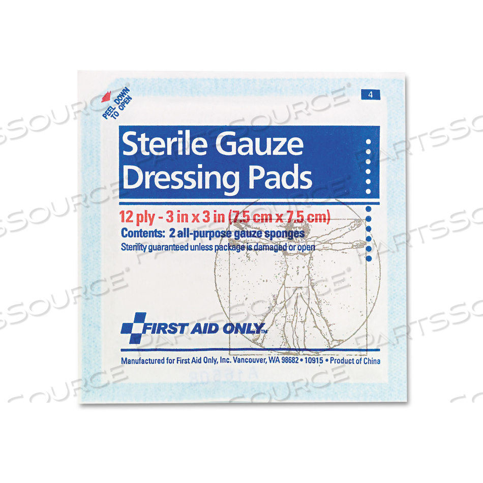 SMARTCOMPLIANCE GAUZE PADS, STERILE, 12-PLY, 3 X 3, 5 DUAL-PADS/PACK by First Aid Only