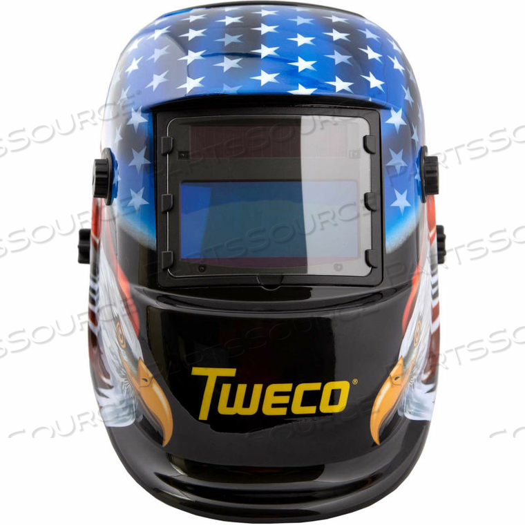 TWECO AUTO-DARKENING WELDING HELMET, STARS & STRIPES, 3.86" X 1.69" VIEWING AREA,5PT HEAD GEAR 
