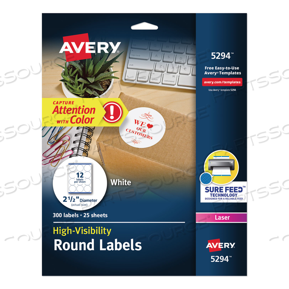 PERMANENT LASER PRINT-TO-THE-EDGE ID LABELS W/SUREFEED, 2 1/2"DIA, WHITE by Avery PERMANENT LASER PRINT-TO-THE-EDGE ID LABELS W/SUREFEED, 2 1/2"DIA, WHITE by Avery