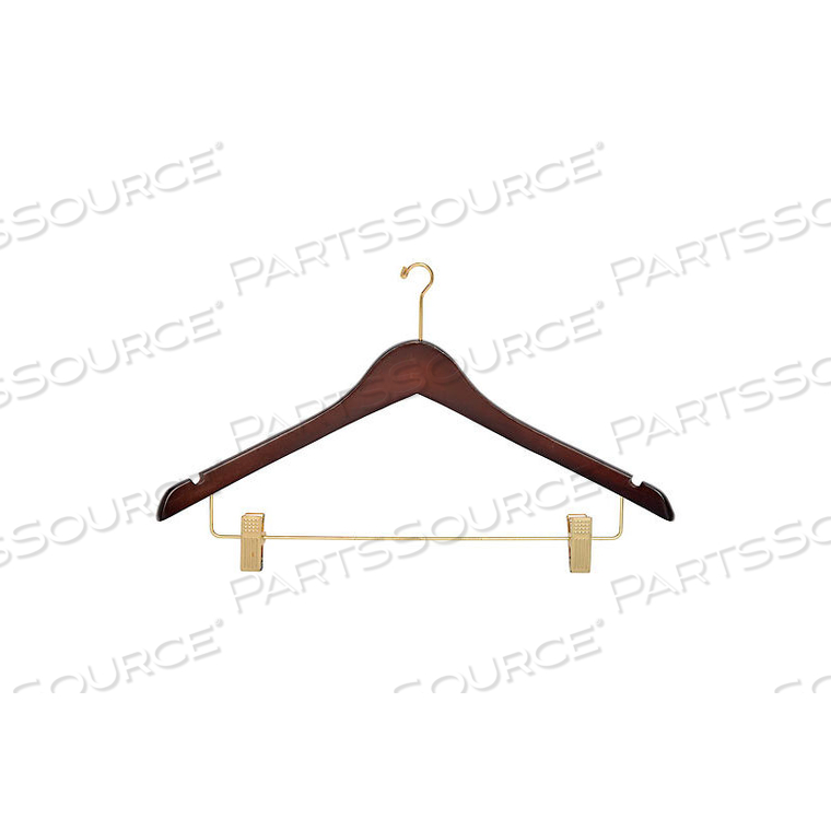 17" WOOD HANGER FOR LADIES' SUIT/SKIRT, MINI-HOOK, WALNUT W/ BRASS HARDWARE, 100/CASE 